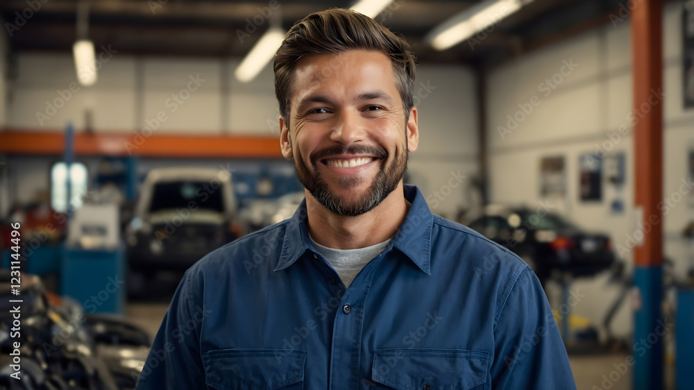 A smiling mechanic stands proudly in his well-equipped auto repair shop, ready to tackle any vehicle challenge. A smiling mechanic stands proudly in his well-equipped auto repair shop, ready to tackle any vehicle challenge.