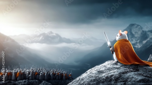 A brave mouse in a heroic pose, holding a sword, overlooking a vast army in a mountainous landscape