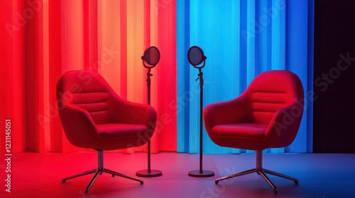 An artistic podcast setup, featuring two sleek red chairs and microphones against vivid red and blue lighting, creating a dynamic interviewing environment. photo