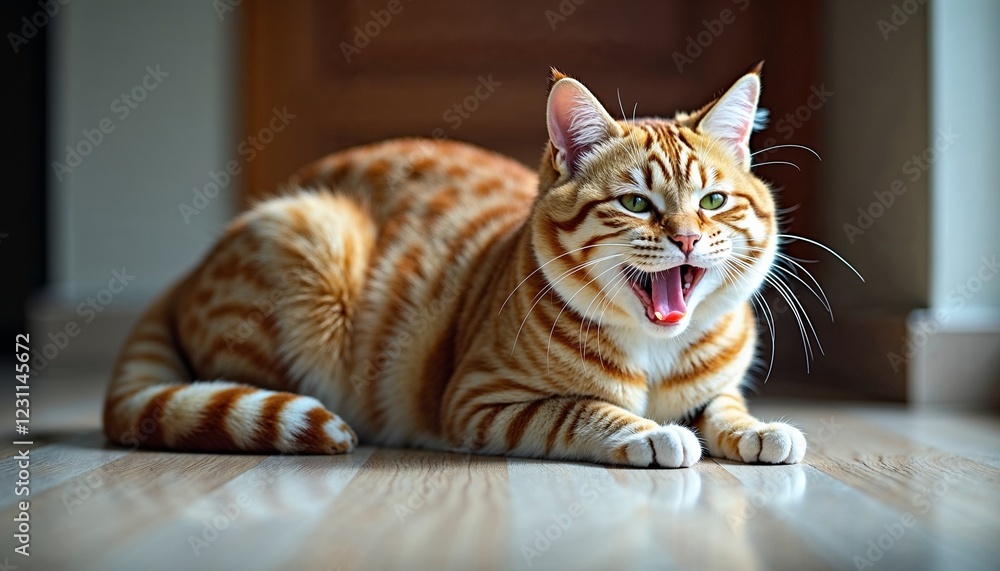 Ginger cat lying on the floor and meowing loudly in a bright indoor setting Ginger cat lying on the floor and meowing loudly in a bright indoor setting