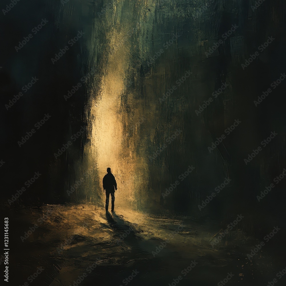 A solitary figure stands before a glowing passage A solitary figure stands before a glowing passage