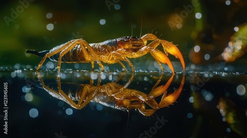 Macro Shot of a Scorpion With Reflections on Wet Surface photo