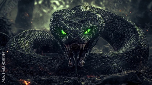 Ferocious Green-Eyed Snake Lurking in Dark Forest Setting photo