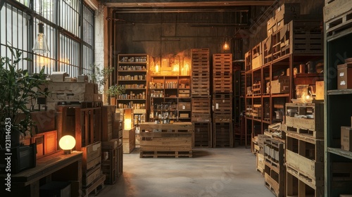 Cozy Rustic Interior of a Vintage Warehouse with Wooden Crates photo