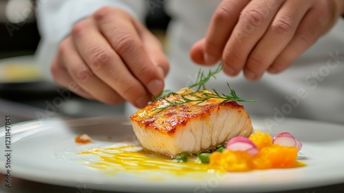 Chef Preparing Pan-Seared Fish Dish with Colorful Vegetables