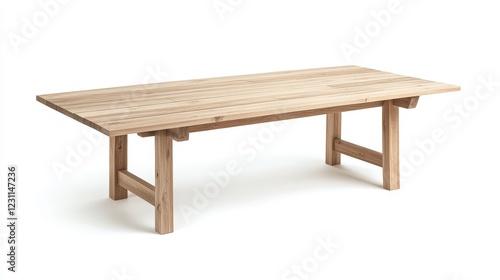 Perspective view of light wooden plank table on white background including clipping path