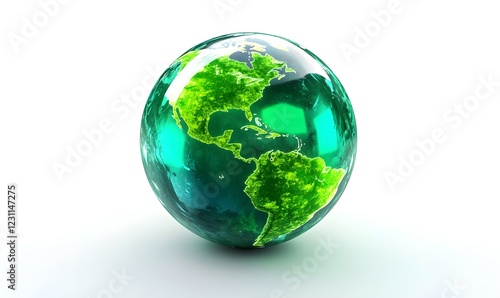 Green glass Earth globe, studio shot, white background, environmental concept