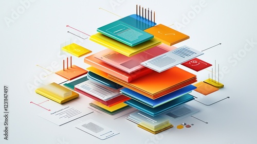 Abstract Colorful Data Visualization: A 3D Isometric Composition of Interconnected Layers and Information Blocks