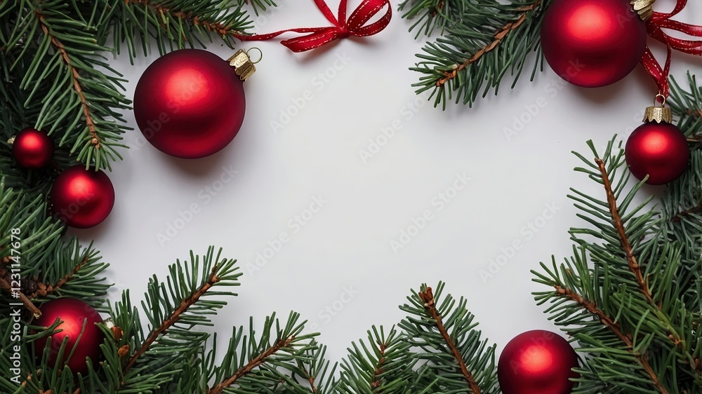 Christmas background with fir branches and red balls on white background. Flat lay, top view. Christmas background with fir branches and red balls on white background. Flat lay, top view.