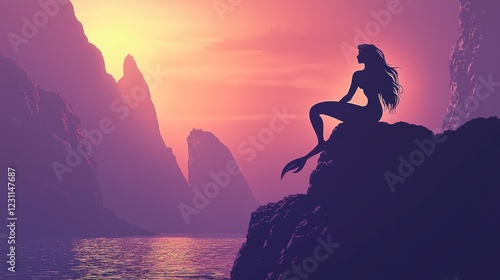 Mermaid sunset silhouette coastal rock fantasy art photo