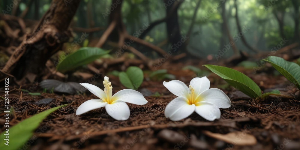 Fototapeta premium Single white Frangipani petal dropped on the forest floor , isolated petal, forest floor, gentle descent