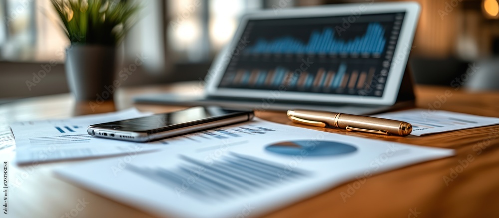 Financial reports, smartphone, pen, and laptop on desk. Financial reports, smartphone, pen, and laptop on desk.