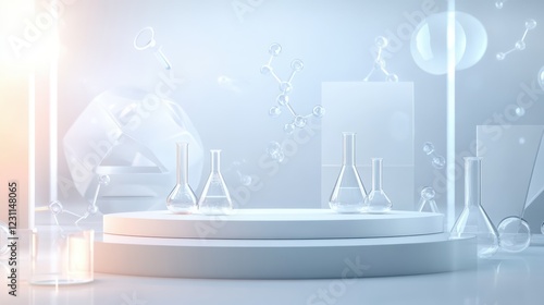 An empty podium with a chemistry-inspired theme, designed to showcase scientific or laboratory-related products. photo