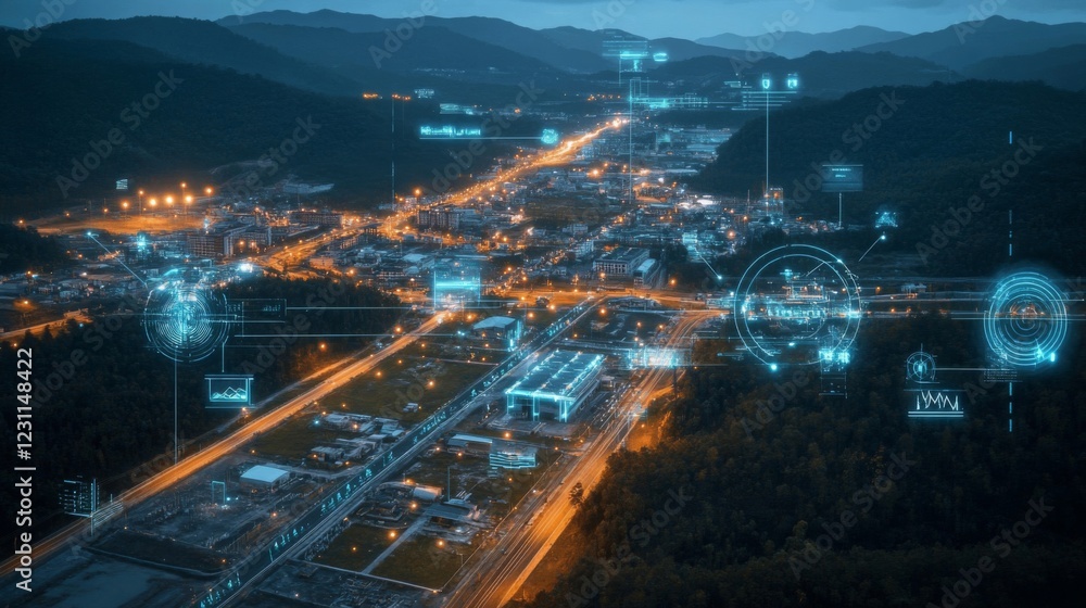 Obraz premium Aerial Night View of City with Futuristic Digital Network Overlay