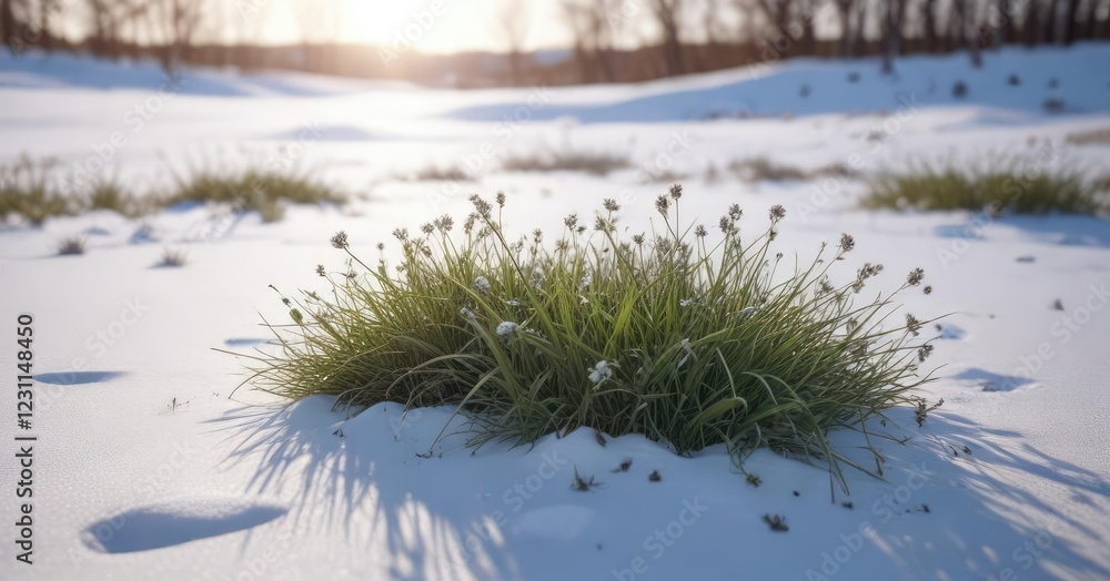 small patch of grass in a snow-covered field with bare branches, frosty morning, green shoot small patch of grass in a snow-covered field with bare branches, frosty morning, green shoot