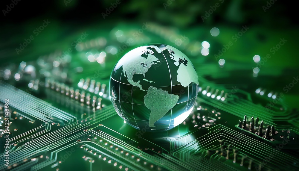 A glass globe depicting Earth sits atop a green circuit board, symbolizing the intersection of technology and environmental awareness. A glass globe depicting Earth sits atop a green circuit board, symbolizing the intersection of technology and environmental awareness.
