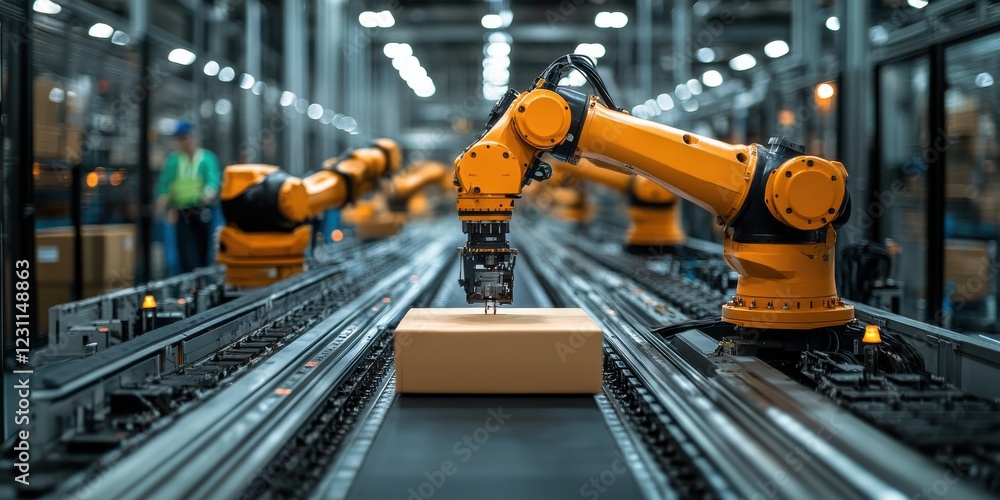 State-of-the-art packaging facility with robotic sorting arms. State-of-the-art packaging facility with robotic sorting arms.