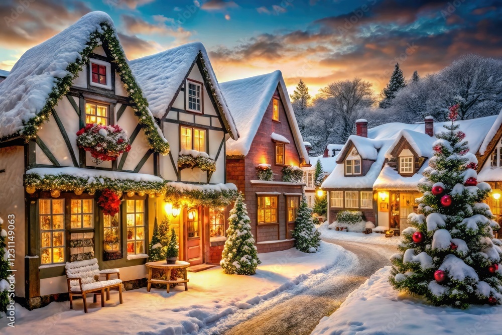 Snow-covered village with quaint houses and shops decorated for Christmas, winter wonderland, wintery village, festive lights, quaint houses, snowflakes Snow-covered village with quaint houses and shops decorated for Christmas, winter wonderland, wintery village, festive lights, quaint houses, snowflakes