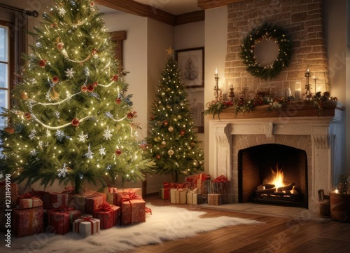 Wallpaper Mural Snowflakes gently fall around a beautifully decorated Christmas tree placed near a fireplace , snowflake, winter scene Torontodigital.ca