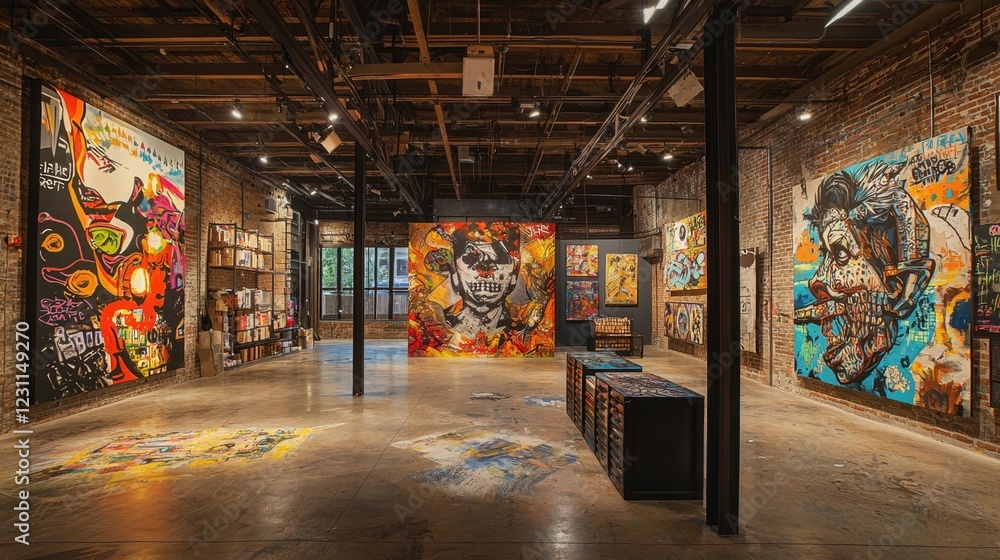 Naklejka premium Vibrant Urban Art Gallery with Colorful Street Art Murals Displayed