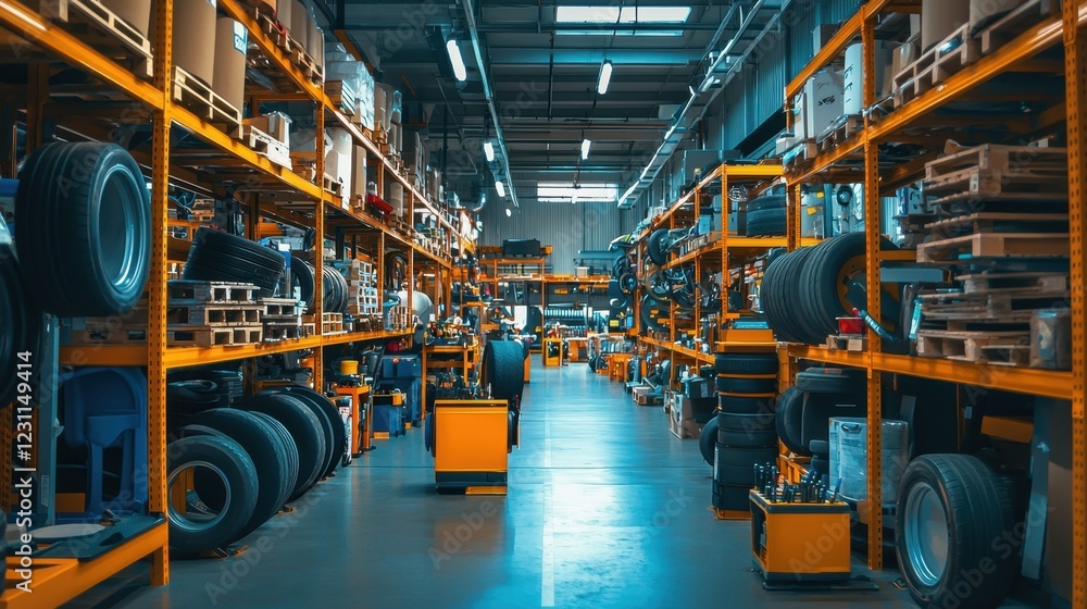 Fototapeta premium Warehouse Interior with Shelves Full of Tires and Equipment