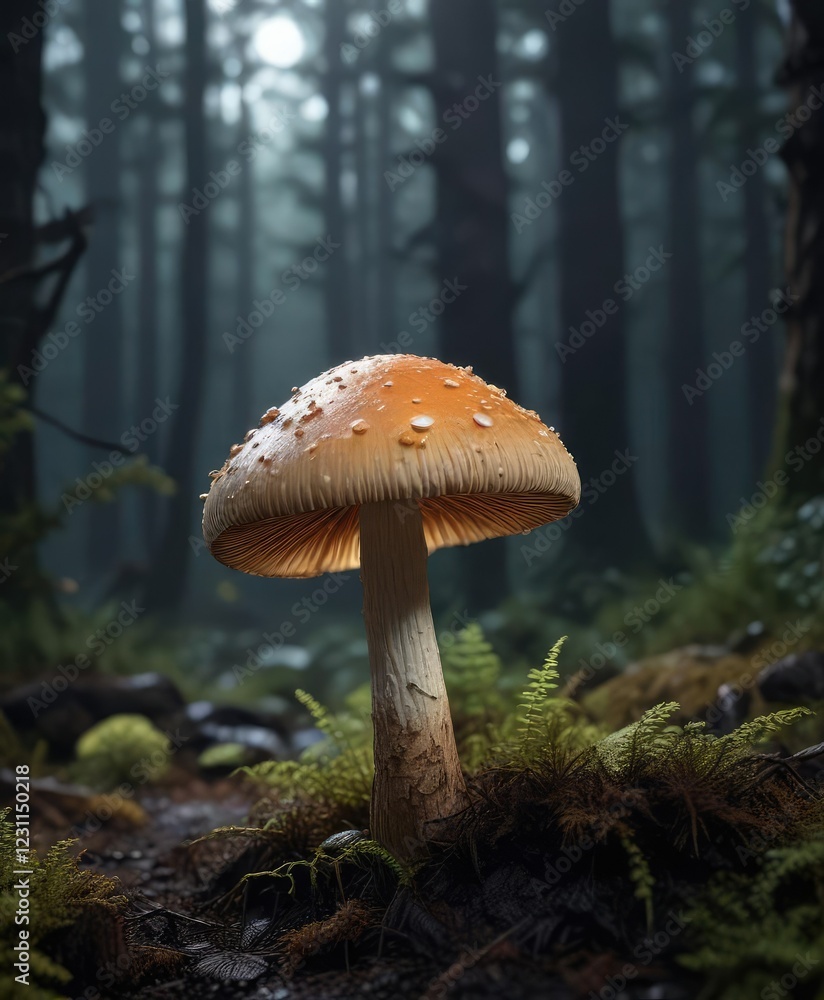 Fototapeta premium Softly lit glowing mushroom on a dark forest floor, mushroom, darkness