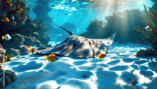 Stingray rests on ocean floor among colorful coral reef fish photo