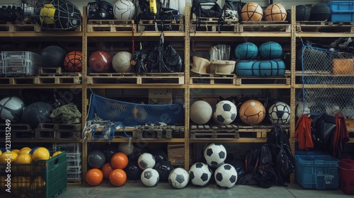Diverse Collection of Sports Equipment Stored in Organized Shelves