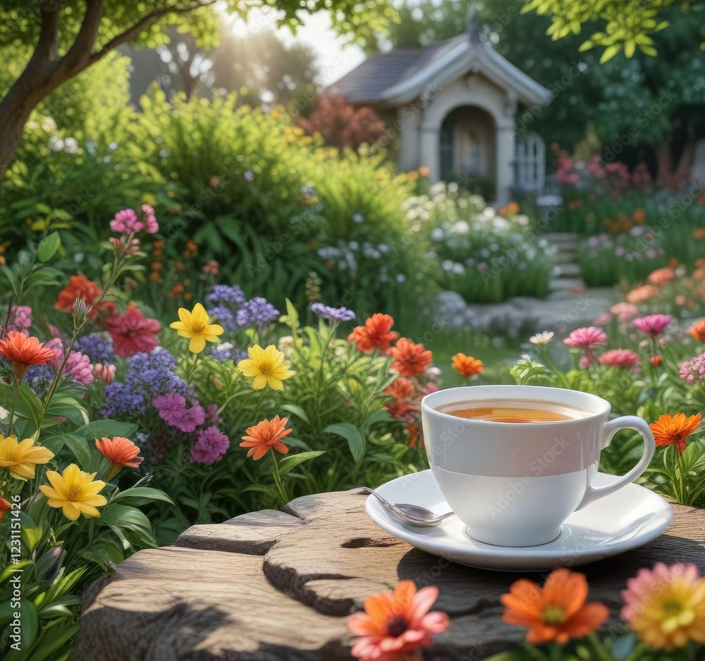 Peaceful garden scene with a cup of tea and flowers, gentle surroundings, calming ambiance, soft petals Peaceful garden scene with a cup of tea and flowers, gentle surroundings, calming ambiance, soft petals
