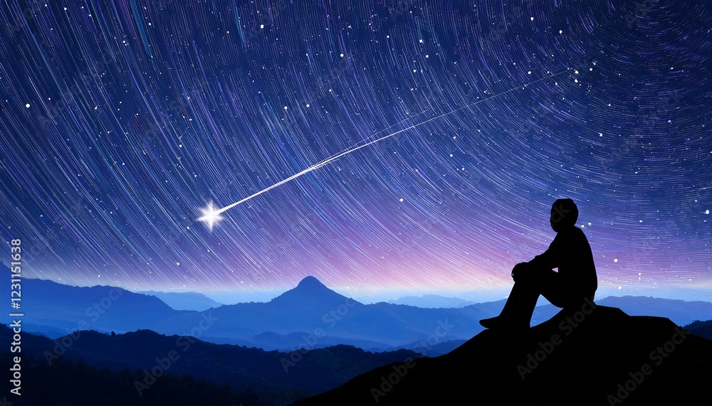 meditation in the mountains. Silhouette of man sitting on mountain and night sky with shooting star. Alone concept. meditation in the mountains. Silhouette of man sitting on mountain and night sky with shooting star. Alone concept.