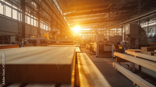 Wood processing plant with automated cutting and shaping machines.