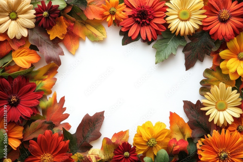 Autumn leaves and flowers frame a white space. Ideal for fall-themed designs, cards, or invitations. Autumn leaves and flowers frame a white space. Ideal for fall-themed designs, cards, or invitations.