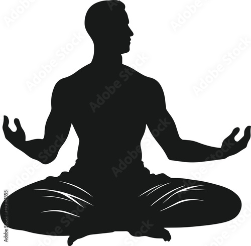 Minimalist black and white vector silhouette design of man yoga pose.