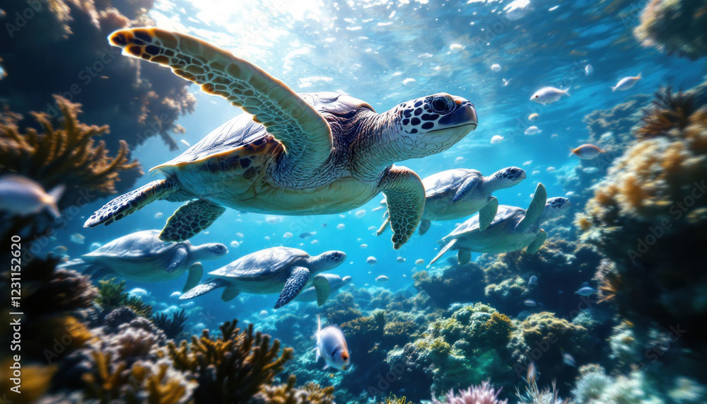 Naklejka premium Sea Turtles Gracefully Swim Through Vibrant Coral Reef