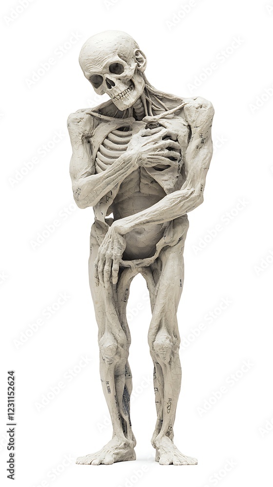 A realistic human skeleton model in a slightly hunched pose, showcasing detailed anatomy and structure. A realistic human skeleton model in a slightly hunched pose, showcasing detailed anatomy and structure.