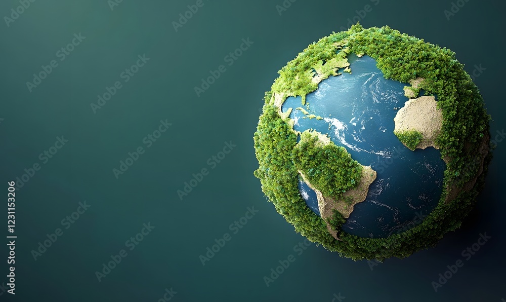 Lush green planet Earth, reforestation concept, against teal background, environmental campaign Lush green planet Earth, reforestation concept, against teal background, environmental campaign