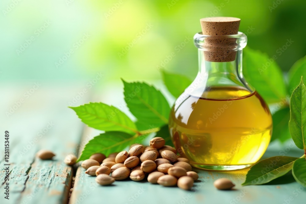 Glass container with oil extracted from castor seeds, botanicals, greenery Glass container with oil extracted from castor seeds, botanicals, greenery