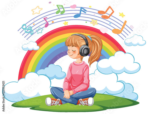 Girl Enjoying Music Under a Rainbow