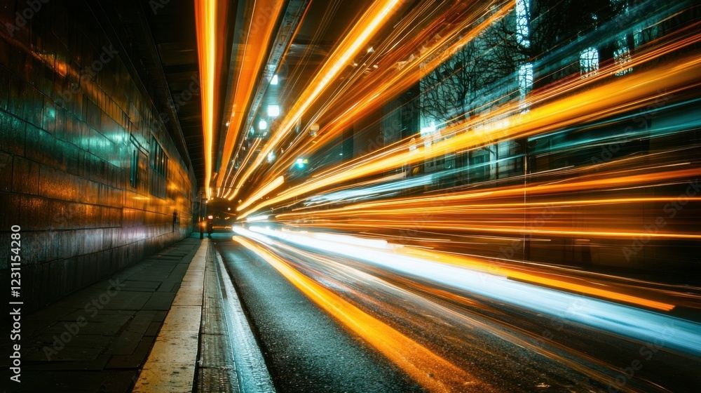 Dynamic Light Trails on Urban Street at Nighttime in Motion Dynamic Light Trails on Urban Street at Nighttime in Motion