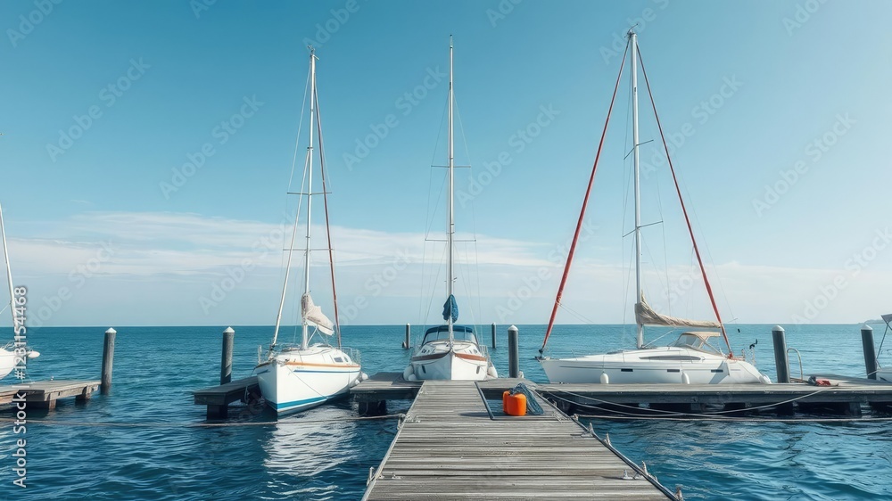 Fototapeta premium Seaside boat dock with sailboats and fishing nets, , seaside boat dock
