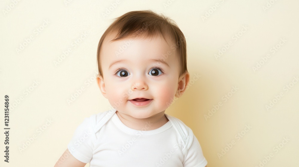 Portrait of a Happy Baby with Light Skin and Brown Hair Against a Pale Yellow Background Portrait of a Happy Baby with Light Skin and Brown Hair Against a Pale Yellow Background
