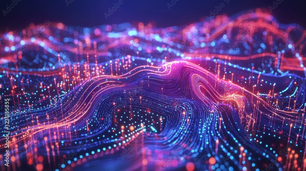 Vibrant Abstract Digital Landscape with Flowing Lines and Lights Vibrant Abstract Digital Landscape with Flowing Lines and Lights