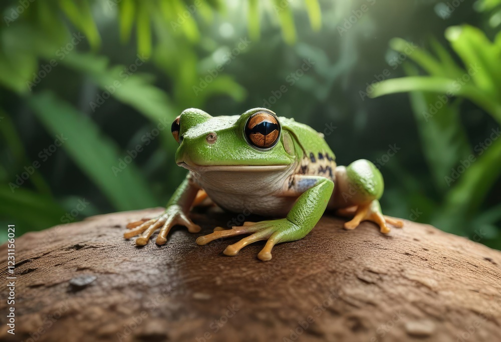 Small frog resting on a coconut leaf with its feet tucked in, tropical rest, leafy greens, forest floor Small frog resting on a coconut leaf with its feet tucked in, tropical rest, leafy greens, forest floor