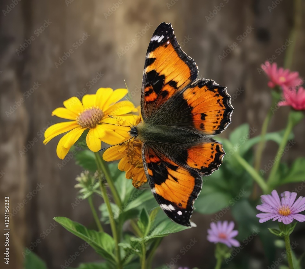Obraz premium Small Tortoiseshell butterfly on a flower with yellow and black stripes, leaf, wildflowers