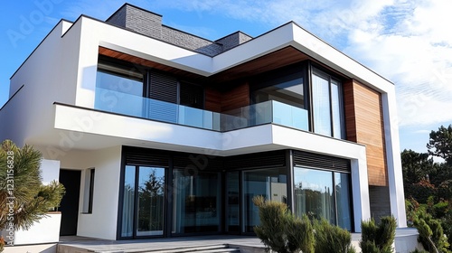 Wallpaper Mural Modern Architectural House Design with Glass Balcony and Wood Accents Torontodigital.ca