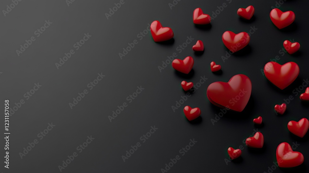 Romantic 3D Rendering of Valentine’s Day with Flying Red Hearts on Matte Black Surface, Flat Lay Wide-Angle Lens for Love Message or Advertising Romantic 3D Rendering of Valentine’s Day with Flying Red Hearts on Matte Black Surface, Flat Lay Wide-Angle Lens for Love Message or Advertising