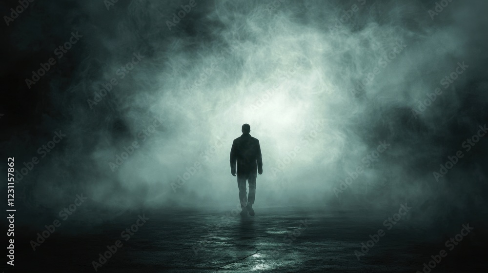 Mysterious Figure Walking Through Fog in Dim Light Environment Mysterious Figure Walking Through Fog in Dim Light Environment