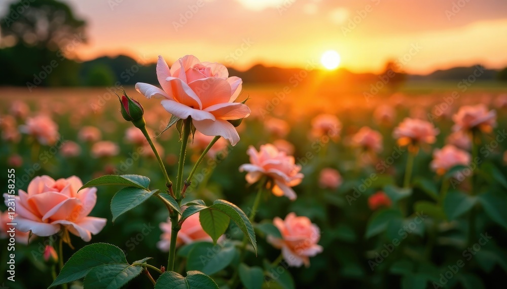 Soft peach roses bloom in the vast green field at sunset, rose fields, garden, romantic landscape Soft peach roses bloom in the vast green field at sunset, rose fields, garden, romantic landscape