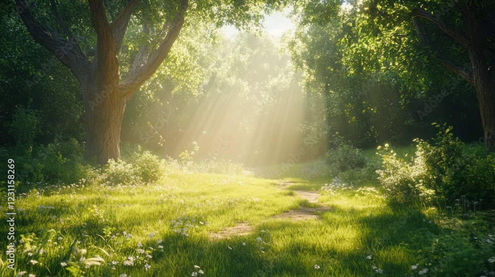 Obraz premium Sunlit forest path, morning mist, idyllic scene, game background