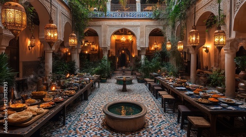 A Moroccan Riad's Enchanting Courtyard: A Lavish Feast Under the Warm Glow of Lanterns